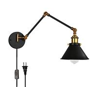 FREEDL Industrial Aplique Pared Brazo Largo con Interruptor Enchufe, Ajustable Lámparas de Pared Dormitorio Vintage con Zócalo E27, LED Foco De Pared Interior Retro en Negro Metal, Luz Lectura,30+30