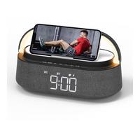FREEFISH Altavoces portátiles inalámbricos Bluetooth, carga inalámbrica de 15 W para iPhone, radio FM con control remoto para dormitorio, oficina en casa, luz nocturna LED ajustable para mesita de