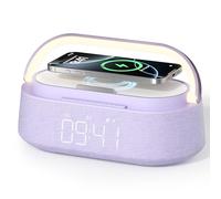 FREEFISH Altavoz Bluetooth con cargador inalámbrico, radio FM, luz nocturna LED ajustable, carga inalámbrica de 15 W para iPhone, altavoces duales de 10 W, batería de 2500 mAh, Bluetooth 5.0