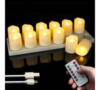 FREEPOWER 12 velas LED recargables con estación de carga, cable USB y mando a distancia, función de temporizador, parpadeo en blanco cálido, diámetro 4 x 4,5 cm