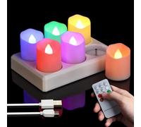 FREEPOWER 6 velas de Té LED recargables multicolor con estación de carga, velas eléctricas RGB parpadeante con mando a distancia, temporizador, con cable USB, diámetro 4 x 4,5 cm