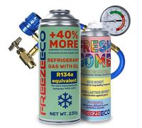 FREEZECO 2 en 1 - Repuestos de refrigerante R134a con aceite de llenado de aire acondicionado para automóviles 1995-2016, 235 g + línea de presión con manómetro + bomba refrescante 136 g