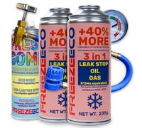 FREEZECO 3 en 1 - 2 latas de refrigerante R134a de repuesto para rellenar sistemas de aire acondicionado para automóviles 1995 - 2016, 235 g + manguera de presión con manómetro + bomba refrescante 136