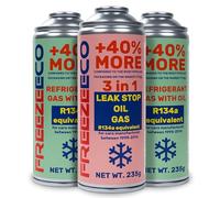 FREEZECO 3 en 1 + 2 x 2 en 1 - R134a - Reemplazo de refrigerante + 2 latas de repuesto de refrigerante con aceite de relleno de aire acondicionado para automóviles 1995-2016, 235 g