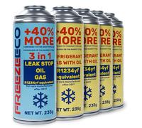 FREEZECO 3 en 1 + 4 x 2 en 1 - R1234yf - Reemplazo de refrigerante + 4 latas de repuesto de refrigerante con aceite de relleno de aire acondicionado para vehículos después de 2016, 235 g