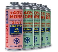 FREEZECO 3 en 1 + 4 x 2 en 1 - Refrigerante de repuesto R134a + 4 latas de refrigerante de repuesto con aceite para llenado de aire acondicionado para automóviles 1995-2016, 235 g