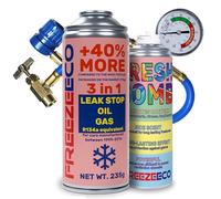 FREEZECO R134a - Recambio de refrigerante 3 en 1 para llenado de aire acondicionado para automóviles 1995 - 2016, 235 g + manguera de presión con manómetro + bomba refresadora de 136 g