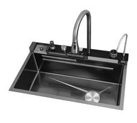 Fregadero 304 Fregadero de cascada de acero inoxidable 304, Fregadero de estación de trabajo de un solo tazón con pantalla digital multifunción mezclador de drenaje de lluvia Fregadero montado en la