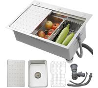 Fregadero 70 x 50 cm, de acero inoxidable 304 rectangular para cocina, 1 seno, fregadero con escurridera de repuesto y tabla de cortar, lavabo de cocina con 3 orificios para grifo, fregadero moderno