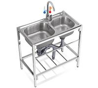 Fregadero acero inox con Patas Acero Independientes Fregadero Multiusos con Mesa de Trabajo y Grifo Mezclador Frío Calor para Interior y Exterior,80cm