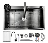 Fregadero AIVANOTO de cocina gris-negro de 85x50 cm de acero inoxidable, con grifo extraíble, escurridor de vidrio, dispensador de jabón, gran escurridor, sifón de desagüe, fregadero de cocina