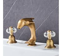 Fregadero antiguo de cobre de tres agujeros con doble asa, grifo de agua caliente y fría, mueble de baño, lavabo, mango de cristal, delfín, campana, interruptor de cristal,