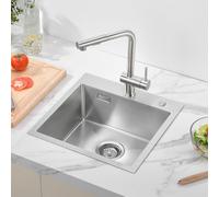 Fregadero Cocina 1 Seno 45 x 45 cm, Auralum Fregadero Cocina en Acero Inoxidable, Fregadero Sobre Encimera o Enrasadode, Lavabo Cocina con Tapón, Sifón y 2 Agujeros de Montaje