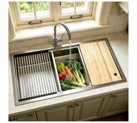 Fregadero Cocina 1 Seno 90 x 50 cm, Fregadero Acero Inoxidable 304 Cepillado, Incorporado Gran Fregadero, con escurridor enrollable, una tabla de cortar, un recipiente pequeño y un conjunto
