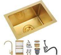 Fregadero Cocina 38 x 26 cm,Fregadero Bajo Encimera o Sobre Encimera,Fregadero Cocina 1 seno incluye grifo de cocina,Fregadero Cocina en Acero Inoxidable con Sifón,Rebosadero y Residuos,Oro Cepillado