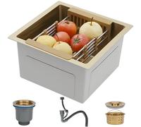 Fregadero Cocina 38 x 38 cm,Fregadero Cocina 1 seno,Fregadero Cocina en Acero Inoxidable Oro,con Desagüe de sifón y juego de rebosadero,Apto para instalación bajo encimera,Enrasado o Sobre encimera
