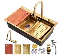 Fregadero Cocina 68x45cm, Multifuncional Fregadero de Cocina de 1 Cubeta, Dorado Fregadero de Acero Inoxidable, con lavadora de vidrio, Kit de Drenaje Filtro, sifón así como otros accesorios