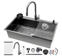 Fregadero Cocina 80x50cm de Acero Inoxidable Gris Negro, Con Grifo Extraíble, Rejilla de Drenaje, Enjuagador de Vasos, Dispensador de Jabón, Sifón Lavabo Desagüe, Bajo Encimera o Sobre Encimera 1 Seno