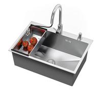 Fregadero Cocina en Acero Inoxidable,Hecho a Mano Fregadero Sobre Encimera 1 Seno,80x50cm Plata Lavabo Empotrado con Grifo extraíble, Fregaderos de restaurante