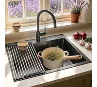 Fregadero Cocina Negro 55x45 cm 1 Seno, Acero Inoxidable con Escurridor Enrollable, Dispensador de Jabón Sifón y kit de desagüe - Sobre Encimera O Enrasado, Ideal para Caravana, Cocina Pequeña y Barra