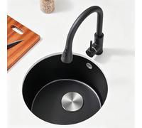 Fregadero Cocina Negro de Esquina Redondeada,fregadero Cocina 1 Seno de Cuarzo con Grifo Extraíble y Múltiples Accesorios para Cocinas Modernas(35cm/13.8in)