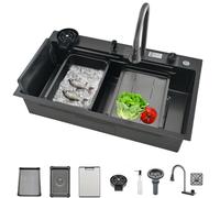 Fregadero Cocina Negro Multifuncional, Fregadero Cocina en Acero Inoxidable, Fregadero Bajo o Sobre Encimera Con grifo extraíble/dispensador de jabón/flujo de agua en cascada (B, 68x45cm)