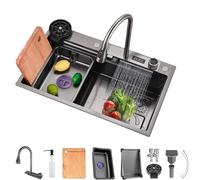 Fregadero Cocina Negro Multifuncional, Fregadero Cocina en Acero Inoxidable, Fregadero Bajo o Sobre Encimera Con grifo extraíble/dispensador de jabón/flujo de agua en cascada (A, 85x45cm)
