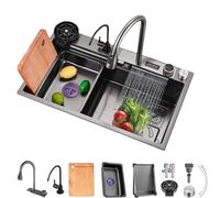 Fregadero Cocina Negro Multifuncional, Fregadero Cocina en Acero Inoxidable, Fregadero Bajo o Sobre Encimera Con grifo extraíble/dispensador de jabón/flujo de agua en cascada (A, 86x50cm)