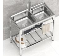 Fregadero comercial de acero inoxidable 304 con 2 compartimentos, para garaje, restaurante, cocina, lavandería, exterior