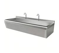 Fregadero comercial de acero inoxidable con grifos, lavabo multiestación resistente para baños públicos y áreas de utilidad