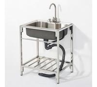 Fregadero comercial de acero inoxidable, fregadero de cocina independiente con grifos de agua fría y caliente, fregadero portátil para interiores y exteriores, lavandería, color plateado, 52 x 38 cm