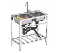 Fregadero comercial independiente de doble tazón con 2 carros Fau, juego de lavabo de manos para restaurante, cocina, banco de trabajo interior y exterior con estantes Sto (plateado 8)