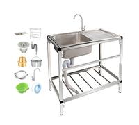 Fregadero comercial independiente individual con escurridor y grifo. Estantes de almacenamiento. Fregaderos utilitarios para lavandería. Fregadero de cocina para resta,Hot and Cold_75x40x76cm-Full