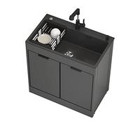 Fregadero con Patas Acero Exterior Jardin Negro Mueble Fregadero Cocina Pila Lavadero Fregadero de Acero Inoxidable Fregadero de Lavandería Portátil con Grifo y Desagüe Preparación Estación de trabajo