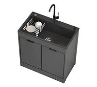 Fregadero con Patas Acero Exterior Jardin Negro Mueble Fregadero Cocina Pila Lavadero Fregadero de Acero Inoxidable Fregadero de Lavandería Portátil con Grifo y Desagüe Preparación Estación de trabajo