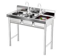 Fregadero de 3 compartimentos de acero inoxidable, 39 x 17,7 x 35,8 cm, con 2 grifos de agua fría y caliente, certificado CE, para restaurante, cocina y bar