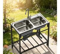 Fregadero de Acero Inoxidable 2 Cubetas 83 cm Independiente | Grifo de Dos Mandos para Agua Fría/Caliente | Estante | Comercial & Doméstico | Cocina/Baño