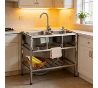 Fregadero de Acero Inoxidable 2 Cubetas 83 cm Independiente | Grifo de Dos Mandos para Agua Fría/Caliente | Estante | Comercial & Doméstico | Cocina/Baño