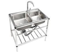 Fregadero de acero inoxidable 304 de 2 senos, fregadero de doble seno para restaurante comercial, fregadero de cocina independiente, fregadero de uso independiente con escurridor y grifo de