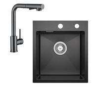 Fregadero de acero inoxidable 40 x 45 cm antracita + grifo de cocina extensible, juego completo de fregadero de cocina CECIPA cuadrado empotrable pequeño para armario bajo de 40 cm