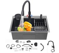 Fregadero de acero inoxidable, 60 x 45 cm, color negro, con grifo extraíble y lavavajillas para tazas, 1 lavabo, incluye tubo de drenaje, dispensador de jabón, cesta colador