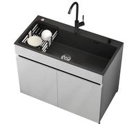 Fregadero de Acero Inoxidable con Grifo de Agua Fría y Caliente, Fregadero de Cocina Comercial con Armario de Almacenamiento, Cesta de Desagüe para Interior y Exterior, 68/80 CM