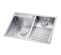 Fregadero de acero inoxidable con kit de drenaje, fregadero de doble tazón de 22 cm de profundidad para lavadero, balcón o tienda, tabla de lavado integrada (100 cm izquierda)