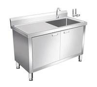 Fregadero de acero inoxidable con protector contra salpicaduras, pies ajustables y superficie de trabajo opcional para mano izquierda o derecha. Ideal para cocinas, comedores, balcones, lavanderías y