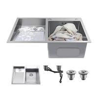 Fregadero de acero inoxidable con tabla de lavado de 80 cm, doble tazón para montaje superior para lavandería y balcón, disponible en plata y negro (80 x 48 cm, izquierda)