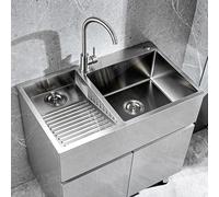 Fregadero De Acero Inoxidable Con Tabla De Lavar: Lavabo Para Uso General Hecho A Mano Para Lavadero, Taller Y Garaje: Acabado Cepillado Duradero, Lavabo Profundo Con Drenaje Eficiente(Left-b,90cm)