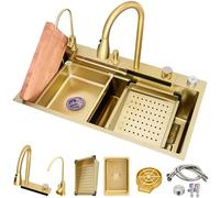 Fregadero de acero inoxidable de 45 cm de ancho, cascada de acero inoxidable, fregadero de cocina rectangular multifuncional, empotrable con grifo extraíble y otros accesorios, 1 lavabo (80 x 45 x 21