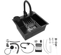 Fregadero de acero inoxidable de 50 x 45 cm, color negro, con grifo extraíble y lavavajillas para tazas, fregadero de cocina multifuncional, 1 lavabo, incluye tubo de drenaje, dispensador de jabón