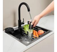 Fregadero de acero inoxidable de 50 x 45 cm, color negro con grifo extraíble y lavavajillas para tazas, fregadero de cocina multifuncional, 1 lavabo, fregadero empotrable con tubo de drenaje
