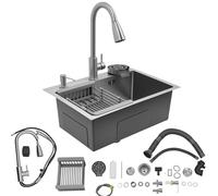 Fregadero de acero inoxidable de 55 x 40 cm, color negro y plateado con grifo extraíble y lavavajillas para tazas, 1 lavabo, incluye tubo de drenaje, dispensador de jabón, cesta colador (plata)